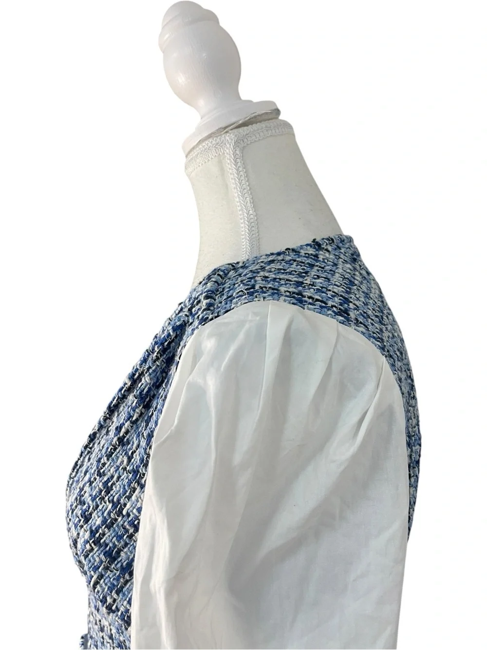 Zara Contrast Textured Tweed Cropped Blouse White Blue